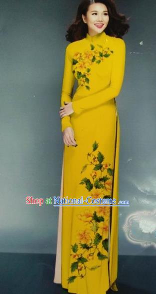 Traditional Top Grade Asian Vietnamese Dress, Vietnam National Female Ao Dai Dress Women Printing Yellow Chiffon Cheongsam Clothing