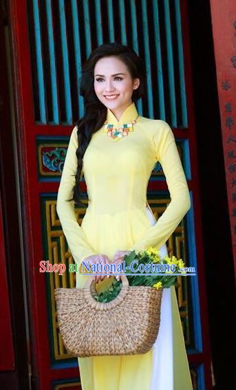 Traditional Top Grade Asian Vietnamese Dress, Vietnam National Female Ao Dai Dress Women Yellow Embroidered Suit Cheongsam Clothing