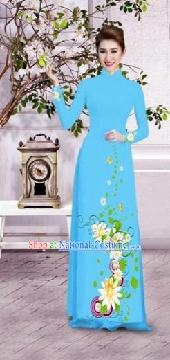 Traditional Top Grade Asian Vietnamese Dress, Vietnam National Female Ao Dai Dress Women Blue Printing Flowers Suit Cheongsam Clothing