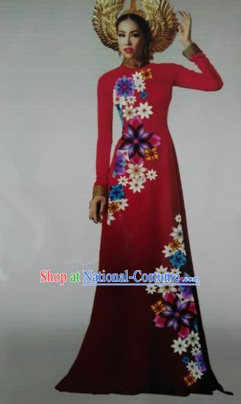 Traditional Top Grade Asian Vietnamese Dress, Vietnam National Female Ao Dai Dress Women Red Embroidered Ao Dai Cheongsam Clothing