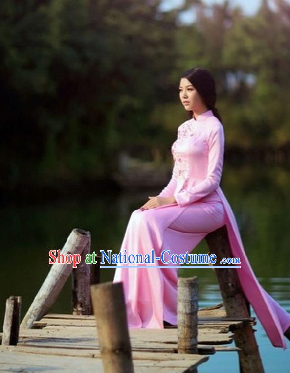 Traditional Top Grade Asian Vietnamese Dress, Vietnam National Female Handmade Ao Dai Dress Women Pink Dress Ao Dai Cheongsam Clothing