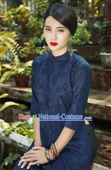 Traditional Top Grade Asian Vietnamese Dress, Vietnam National Female Handmade Ao Dai Dress Women Deep Grey Full Dress Ao Dai Cheongsam Clothing