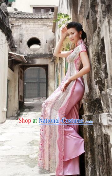 Traditional Top Grade Asian Vietnamese Dress, Vietnam National Female Handmade Ao Dai Dress Women Pink Printing Full Dress Ao Dai Cheongsam Clothing