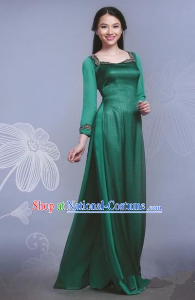 Traditional Top Grade Asian Vietnamese Dress, Vietnam National Female Handmade Ao Dai Dress Bride Wedding Green Silk Cheongsam Clothing