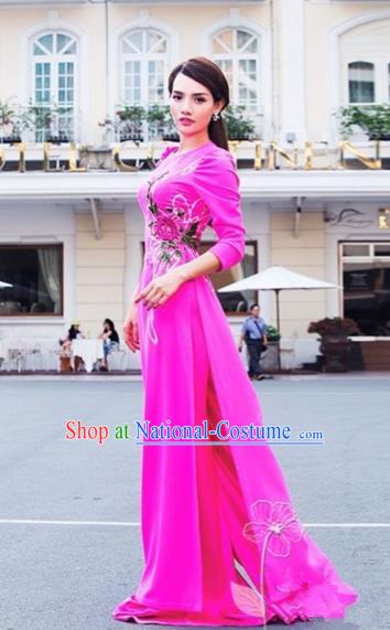 Traditional Top Grade Asian Vietnamese Dress, Vietnam National Female Handmade Ao Dai Dress Bride Wedding Embroidered Flowers Rose Cheongsam Clothing