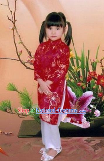 Traditional Top Grade Asian Vietnamese Dress, Vietnam National Girls Handmade Red Clothing Cheongsam and Pants Complete Set for Children