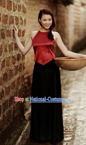 Traditional Top Grade Asian Vietnamese Costumes, Vietnam National Female Handmade Ao Dai Red Bellyband for Women