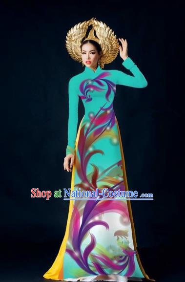 Traditional Top Grade Asian Vietnamese Costumes Dance Dress, Vietnam National Female Handmade Blue Printing Ao Dai Dress Cheongsam Clothing for Women