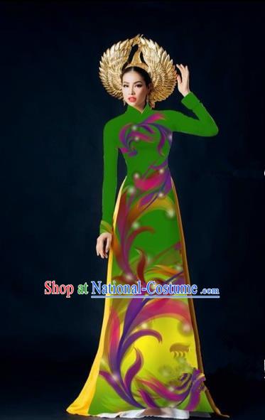 Traditional Top Grade Asian Vietnamese Costumes Dance Dress, Vietnam National Female Handmade Green Printing Ao Dai Dress Cheongsam Clothing for Women