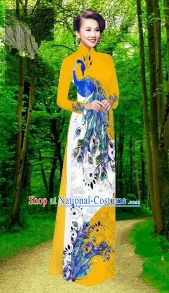 Traditional Top Grade Asian Vietnamese Costumes Dance Dress, Vietnam National Female Handmade Yellow Printing Peacock Ao Dai Dress Cheongsam Clothing for Women