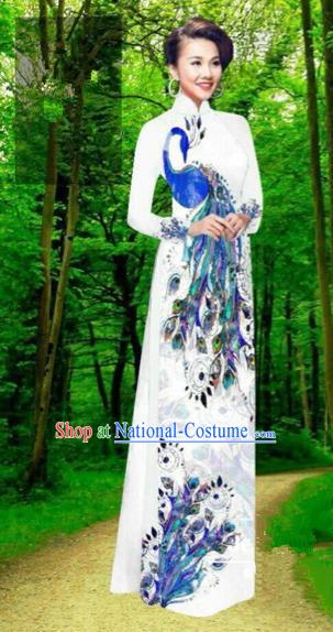 Traditional Top Grade Asian Vietnamese Costumes Dance Dress, Vietnam National Female Handmade White Printing Peacock Ao Dai Dress Cheongsam Clothing for Women