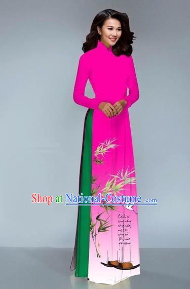 Traditional Top Grade Asian Vietnamese Costumes Dance Dress, Vietnam National Female Handmade Printing Bamboo Rose Ao Dai Dress Cheongsam Clothing for Women