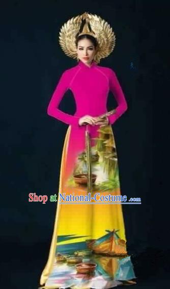 Traditional Top Grade Asian Vietnamese Costumes Dance Dress, Vietnam National Female Handmade Printing Rose Ao Dai Dress Cheongsam Clothing for Women