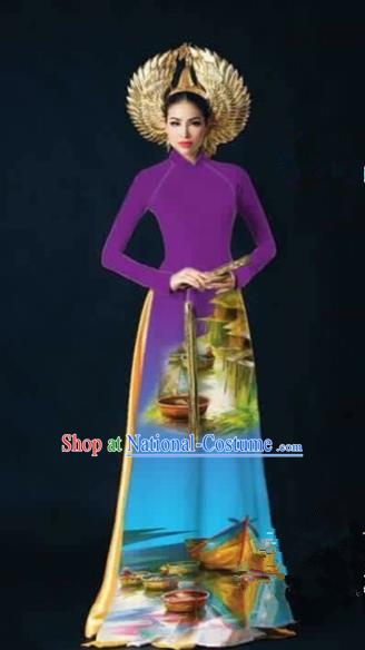 Traditional Top Grade Asian Vietnamese Costumes Dance Dress, Vietnam National Female Handmade Printing Purple Ao Dai Dress Cheongsam Clothing for Women