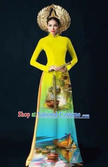 Traditional Top Grade Asian Vietnamese Costumes Dance Dress, Vietnam National Female Handmade Printing Yellow Ao Dai Dress Cheongsam Clothing for Women