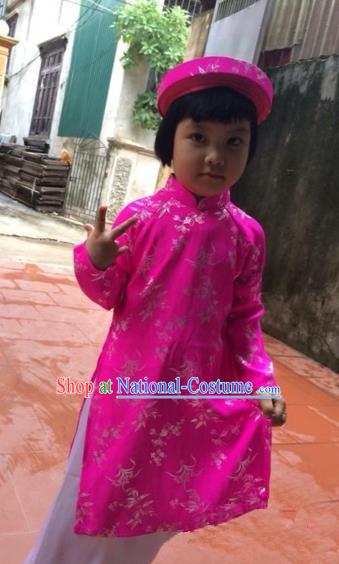 Traditional Top Grade Asian Vietnamese Costumes Dance Dress, Vietnam National Children Handmade Printing Pink Ao Dai Dress Cheongsam Clothing for Kids