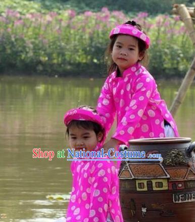 Traditional Top Grade Asian Vietnamese Costumes Dance Dress, Vietnam National Children Handmade Printing Pink Ao Dai Dress Cheongsam Clothing for Kids