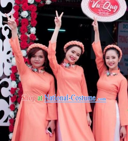 Traditional Top Grade Asian Vietnamese Costumes Dance Dress, Vietnam National Female Handmade Wedding Pink Bridesmaid Ao Dai Dress Cheongsam Clothing for Women