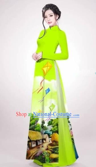 Traditional Top Grade Asian Vietnamese Costumes Dance Dress, Vietnam National Female Handmade Queen Printing Green Ao Dai Dress Cheongsam Clothing for Women