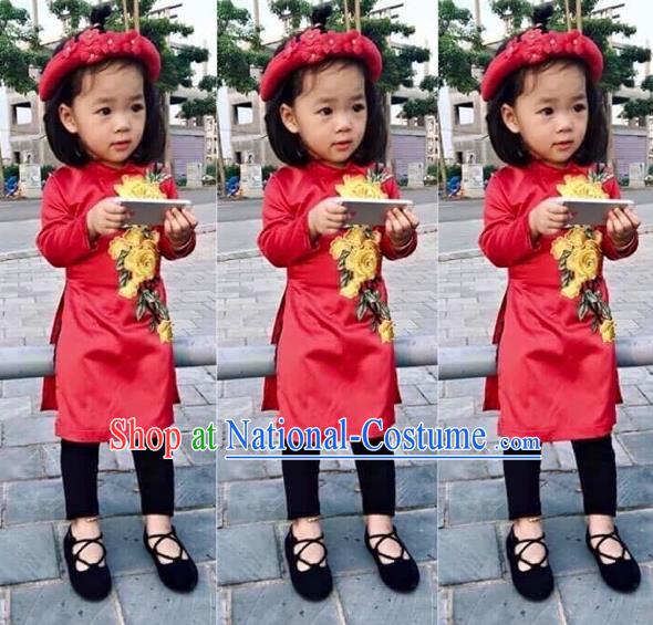 Traditional Top Grade Asian Vietnamese Costumes Dance Dress, Vietnam National Children Ao Dai Dress Embroidered Red Cheongsam Clothing for Girls