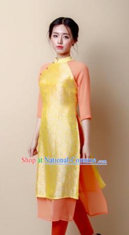 Traditional Top Grade Asian Vietnamese Costumes Dance Dress, Vietnam National Women Ao Dai Dress Golden Cheongsam Clothing