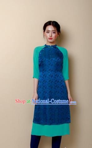 Traditional Top Grade Asian Vietnamese Costumes Dance Dress, Vietnam National Women Ao Dai Dress Peacock Blue Cheongsam Clothing