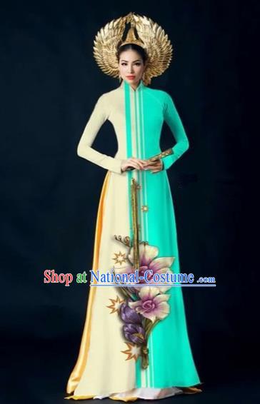 Traditional Top Grade Asian Vietnamese Costumes Dance Dress and Pants Complete Set, Vietnam National Women Ao Dai Dress Flowers Painting Blue Cheongsam Clothing