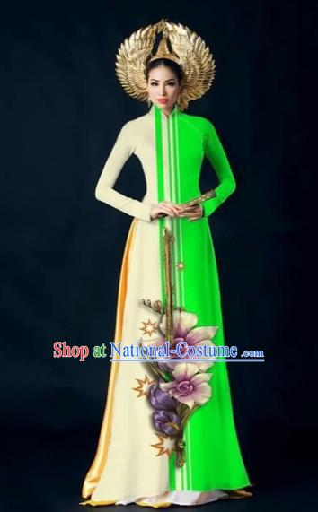 Traditional Top Grade Asian Vietnamese Costumes Dance Dress and Pants Complete Set, Vietnam National Women Ao Dai Dress Flowers Painting Green Cheongsam Clothing