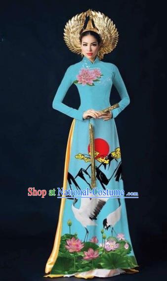 Traditional Top Grade Asian Vietnamese Costumes Dance Dress and Pants Complete Set, Vietnam National Women Ao Dai Dress Flowers Crane Painting Blue Cheongsam Clothing