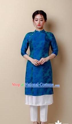 Traditional Top Grade Asian Vietnamese Costumes Dance Dress, Vietnam National Women Ao Dai Dress Blue Embroidered Short Cheongsam Clothing