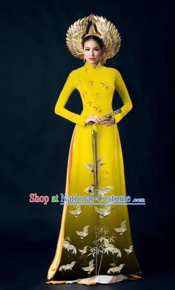 Traditional Top Grade Asian Vietnamese Costumes Dance Dress and Pants Complete Set, Vietnam National Women Ao Dai Dress Crane Painting Yellow Cheongsam Clothing