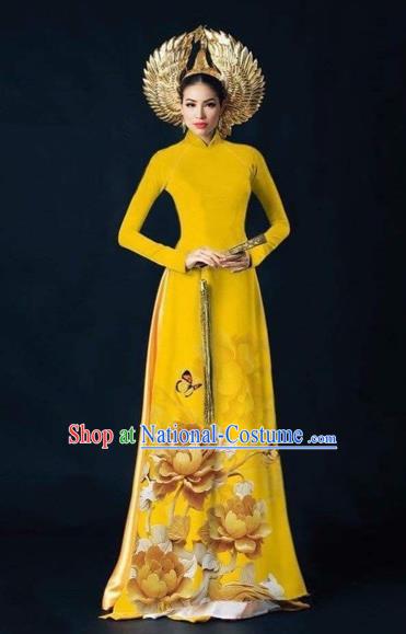 Traditional Top Grade Asian Vietnamese Costumes Dance Dress, Vietnam National Women Ao Dai Dress Printing Peony Flowers Yellow Cheongsam Clothing