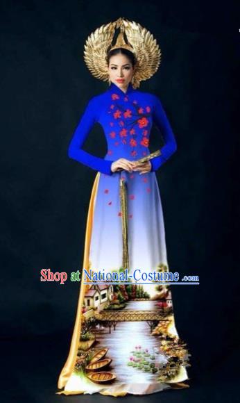 Traditional Top Grade Asian Vietnamese Costumes Dance Dress, Vietnam National Women Ao Dai Dress Printing Plum Blossom Royalblue Cheongsam Clothing