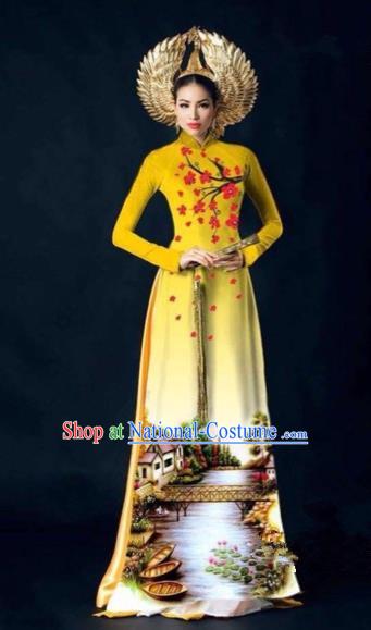 Traditional Top Grade Asian Vietnamese Costumes Dance Dress, Vietnam National Women Ao Dai Dress Printing Plum Blossom Yellow Cheongsam Clothing