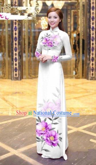 Traditional Top Grade Asian Vietnamese Costumes Dance Dress, Vietnam National Female Handmade Printing Pink Flowers Ao Dai Dress Cheongsam Clothing for Women