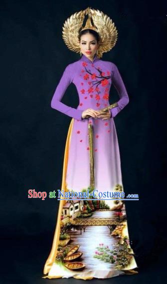 Traditional Top Grade Asian Vietnamese Costumes Dance Dress, Vietnam National Women Ao Dai Dress Printing Plum Blossom Purple Cheongsam Clothing