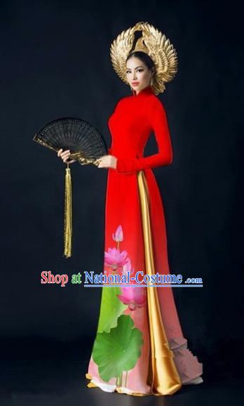 Traditional Top Grade Asian Vietnamese Costumes Dance Dress, Vietnam National Women Ao Dai Dress Printing Lotus Red Cheongsam Clothing