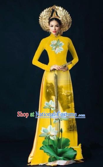 Traditional Top Grade Asian Vietnamese Costumes Dance Dress, Vietnam National Women Ao Dai Dress Ink Painting Lotus Yellow Cheongsam Clothing