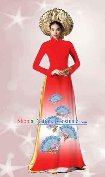 Traditional Top Grade Asian Vietnamese Costumes Dance Dress, Vietnam National Women Ao Dai Dress Printing Red Cheongsam Clothing