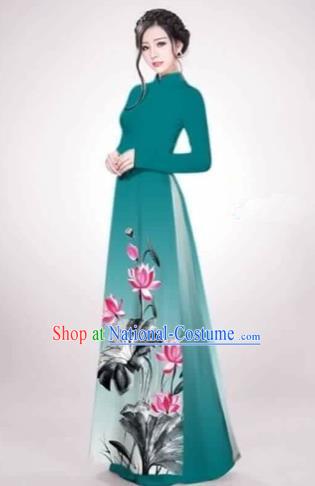 Traditional Top Grade Asian Vietnamese Costumes Dance Dress, Vietnam National Female Handmade Printing Lotus Flowers Green Ao Dai Dress Cheongsam Clothing for Women