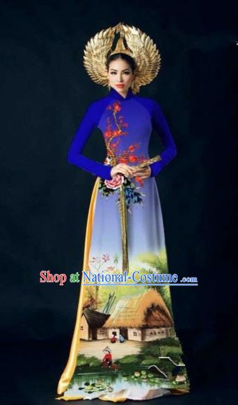 Traditional Top Grade Asian Vietnamese Costumes Dance Dress, Vietnam National Women Ao Dai Dress Landscape Painting Cheongsam Clothing