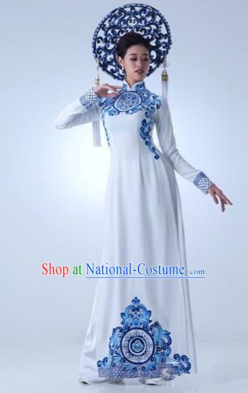 Traditional Top Grade Asian Vietnamese Costumes Dance Dress, Vietnam National Female Handmade Queen Blue and white porcelain Ao Dai Dress Cheongsam Clothing for Women