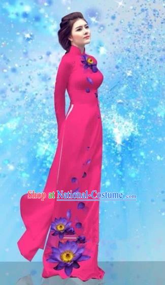 Traditional Top Grade Asian Vietnamese Costumes Dance Dress and Pants, Vietnam National Female Handmade Printing Rose Ao Dai Dress Cheongsam Clothing for Women