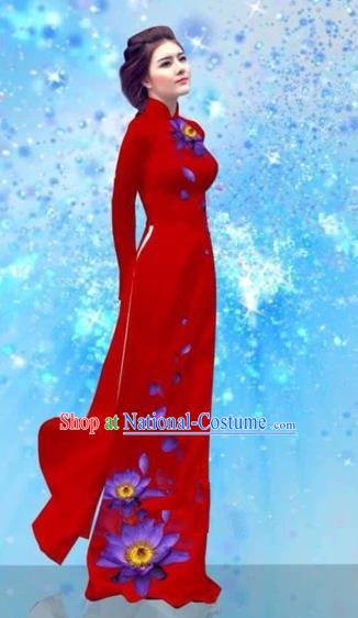 Traditional Top Grade Asian Vietnamese Costumes Dance Dress and Pants, Vietnam National Female Handmade Printing Red Ao Dai Dress Cheongsam Clothing for Women