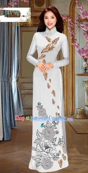 Traditional Top Grade Asian Vietnamese Costumes Dance Dress and Pants, Vietnam National Female Handmade Printing Flowers Ao Dai Dress Cheongsam Clothing for Women