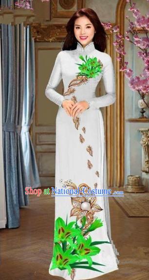 Traditional Top Grade Asian Vietnamese Costumes Dance Dress and Pants, Vietnam National Female Handmade Printing Green Flowers Ao Dai Dress Cheongsam Clothing for Women