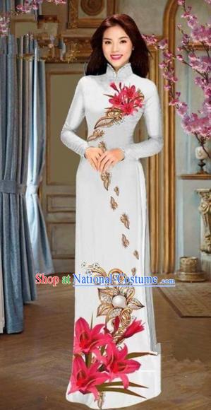 Traditional Top Grade Asian Vietnamese Costumes Dance Dress and Pants, Vietnam National Female Handmade Printing Red Flowers Ao Dai Dress Cheongsam Clothing for Women