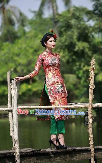 Traditional Top Grade Asian Vietnamese Costumes Dance Dress, Vietnam National Female Handmade Wedding Bride Ao Dai Dress Cheongsam Clothing for Women