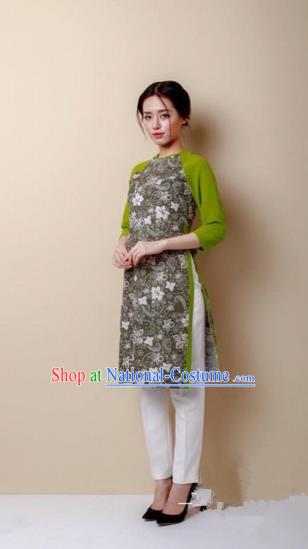 Traditional Top Grade Asian Vietnamese Costumes Dance Dress, Vietnam National Female Handmade Green Ao Dai Dress Cheongsam Clothing for Women