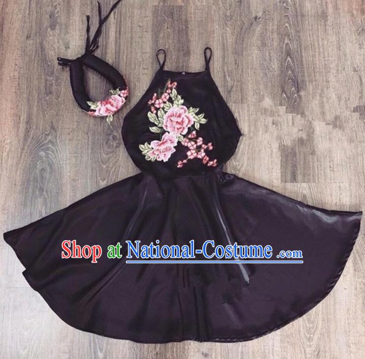 Traditional Top Grade Asian Vietnamese Costumes Dance Dress, Vietnam National Female Handmade Embroidery Flowers Black Bellyband Ao Dai Dress Cheongsam Clothing for Women